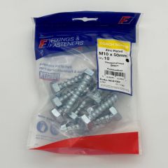 M10 x 50mm Coach Screws, Zinc Plated, 10 per Bag