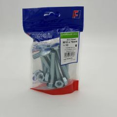 M10 x 75mm Carriage Bolts with Hex Nuts, Zinc Plated, 10 per Bag