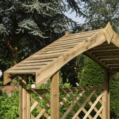 Open slatted roof and overhang helps keep any users dry. Pressure treated against rot the Arbour could also be painted or stained