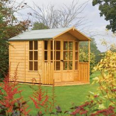 Traditional styled summerhouse with felted roof and widows/doors at summerhouse front to maximise the light.