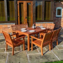 Rectangular table of 1.5 metres, a 1.2 metre bench and 4 armchairs make up this stylish dining set